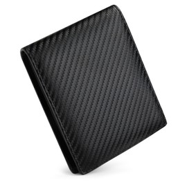 Casheey Men's Bifold Wallet, Holds 14 to 16 Cards, Large Capacity, Includes Box-shaped Coin Purse, Carbon Leather, Genuine Leather, Folding Wallet (14 Card Pockets, Carbon Black x Orange), Black ×