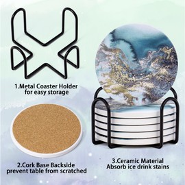 WYLHXYQQ drink coaster, Set of 6 set with stand, cork base,Ceramic coaster suitable for all kinds of cups, gift. (blue)