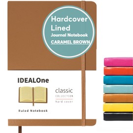 IDEALOne Classic Hardcover Lined Notebook Journal – Work, Home, School, 5.7 x 8 inches, 7mm wide college ruled,160 Pages, 100GSM, Elastic Band, Ribbon Bookmark, Caramel Brown