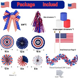 4th of July Bike Decorations Kit Includes Patriotic Tinsel Garlands Bike Streamers Bow USA Flags for Kids Bicycle Parade & Independence Day Festivities