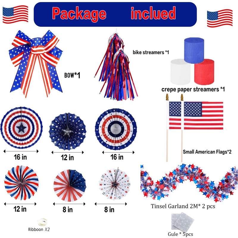 4th of July Bike Decorations Kit Includes Patriotic Tinsel Garlands