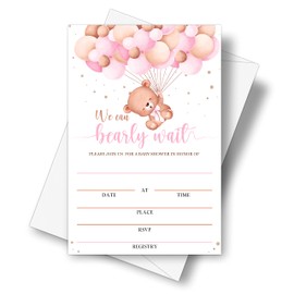 Pink Bear Balloons Baby Shower Invitation Cards With Envelopes（4" X 6"）- Bearly Wait Baby Shower Invites For Boys & Girls, Baby Gender Reveal Party Decorations Supplies - 25 Sets - D15