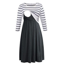 Smallshow Women's Maternity Nursing Dress 3/4 Sleeve Dress for Breastfeeding XX-Large White Stripe-Deep Grey