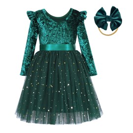 Extrabeauty Toddler Velvet Dress Long Sleeve Ruffle Little Girls Tulle Tutu Dresses for Special Occasion (5T, Dark Green)