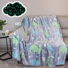Cuddly Blanket Dinosaur Children's Cartoon Dinosaur Cuddly Blanket Glow in the Dark, Soft Flannel Fleece Blanket Christmas Gift, Dinosaur Gifts for Boys Girls (Dinosaur B, 130 x 150 cm)