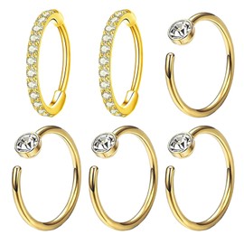 HTTDSLF Pack of 6 Piercing Ring Conch, Septum Piercing, Nose Ring, Nose Piercing, Silver, Gold, Fake Nose Piercing, Stainless Steel Nose Ring, 0.8 mm, 1.2 mm