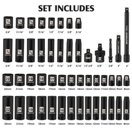 MIXPOWER 3/8" Drive Deep Impact Socket Set, 6 Point, 49 Piece Standard SAE and Metric Sizes-5/16-Inch to 3/4-Inch and 8-22 mm, 3/8'' impact universal joint, Cr-V Steel Mechanic Socket Set