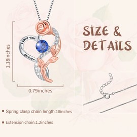 ABBGIABBW Rose Heart Necklace S925 Sterling Silver Birthstone I Love You Forever Infinity Rose Flower Pendant Necklaces Jewelry Mother's Day Gift for Mom Wife Daughter