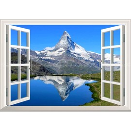 Picture Style Wallpaper Poster (Removable Sticker) - Window Scenery - Inverted Matterhorn Lake Riffel Alps Mountains World Heritage Site [Window Specification/Trick Art] Caracro MTH-003MA2 (A2 Edition, 23.4 x 16.5 inches (594 x 420 mm)) Architectural Wal