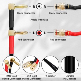 Togconn Speaker Cable Wire with Gold-Plated Banana Tip Plugs Extension Audio Cable Adapter (3 Feet)，Male to Female 90 Degree Type Y Plug Speaker Distributor Binding Post