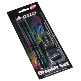 JOLLY Next Generation Graphite Set of 3 Graphite Pencils HB Black Wood Round Pen Shape with Subtle Design Including Black Eraser and Sharpener