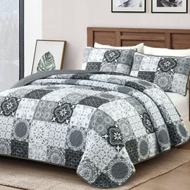 Dobuyly Grey Black Quilt Set King Size, Boho Plaid Patchwork Bedspreads Coverlet Set, 3 Pieces Soft Lightweight Microfiber Farmhouse Quilt Bedding Set for All Seasons 110"x90"