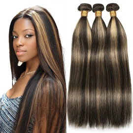 Dokksiiia Ombre Honey Blonde Bundles P1B/27 Two Tone Straight Bundles Human Hair Highlight Black and Honey Blonde Track Mix Double Weft Brazilian Human Hair Extensions 8/10/12 Inch