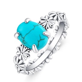 DOLIOX 9x7MM Genuine Turquoise Stone Daisy Rings, Sterling Silver Nature Native American Western Jewelry Gemstone Ring for Women, Size 8