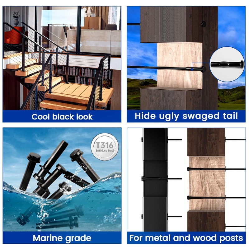 Muzata 20 Pack 1/8" Black Invisible Cable Railing Stemball Swage