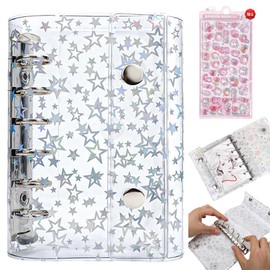 Clear Seal Binder for Girls, Clear Binder, Removable, A6, A7 Size, 20 Refills Included, 1 3D Sticker, Star Pattern Type, Double Snap Closure, Silver Metal Fittings, Refillable, Pushing Goods (A7)