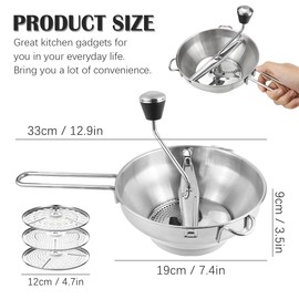 Stainless Steel Potato Ricer with 3 Interchangeable Discs – Heavy Duty Food Mill for Perfect Mashed Potatoes, Tomato Sauce, Canning, Baby Food