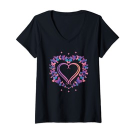 Womens Heart Shape Butterfly V-Neck T-Shirt