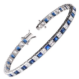 Franki Baker 925 Sterling Silver Beautiful Blue Princess Cut Sapphire & Diamond Crystals Tennis Bracelet. Length: 20cm