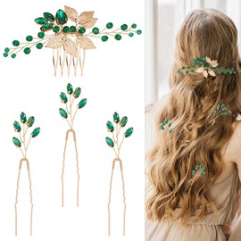 PLIGREAT Pack of 4 Green Rhinestone Crystal Hair Clips Bridal Hair Pins Wedding Hair Clip Hair Catching Hair Pins for Thin Hair Women Hair Accessories