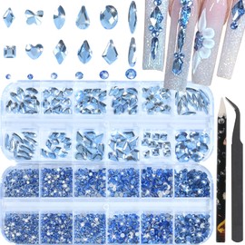 DZHILHMX Nail Rhinestones - 3D Multi Shape Size, Flat Back, Crystals Manicure Rhinestones Charms, Light Blue Nail Gems, with Kit, for Nail Art, Bedazzling Acrylic Nails, DIY Decor