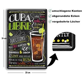 schilderkreis24 Tin Sign Cocktail Recipe "Cuba Libre" Decorative Bar Kitchen Pub Counter Gift Idea Birthday Christmas Alcohol Long Drink Tonic Spirits Drinker 20 x 30 cm