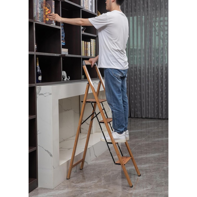 Step Ladder 3-Step Woodgrain Finish Aluminum Folding Step Ladders Wide