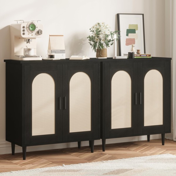 Black Rattan Buffet Cabinet with Storage, Single Door Accent Console
