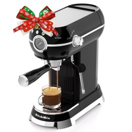 KITCHMIX Espresso Machine with Milk Frother, 20 Bar Espresso Maker for Latte and Cappuccino, Expressions Coffee Machine with Removable Water Tank (Glossy dark)