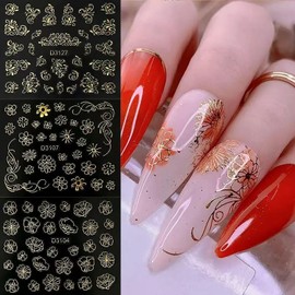 30 Sheets Gold Flower Nail Art Stickers 3D Self Adhesive Gold Nail Decals Hollow Floral Nail Design Supplies Leaf Flowers Nail Stickers French Tip Manicure Decoration for Women DIY Accessories