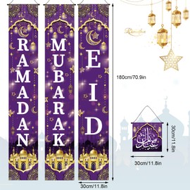 DPKOW 4pcs Ramadan Eid Banner Ramadan Decorations for Home, Purple Gold Eid Mubarak Door Banner Ramadan Eid Decorations Islamic Muslim Eid Door Couplets Ramadan Mubarak Indoor Outdoor Decorations