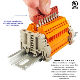 ICI Dinkle Power Distribution DK2.5N-OR 10 Gang Box Connector DIN Rail Terminal Blocks, 12-22 AWG, 20 Amp, 600 Volt Solar Combiner Orange