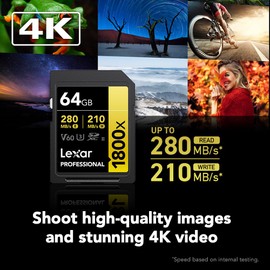 Lexar SD Card Professional 1800x SDXC Card Max Read 270MB/s Write 180MB/s UHS-II Class 10 U3 V60 4K Ultra HD Video Shooting Global Version (64GB)