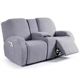 Ruaozz Stretch Loveseat Recliner Covers with Console, 4-Pieces Recliner Sofa Covers with Pockets Jacquard Reclining Couch Covers with Elastic Straps Bottom (2 Seater, Light Grey)