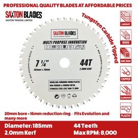 TCT18544TMPT20B Saxton TCT Multi Purpose Innovation Circular Saw Blade 185mm x 44T x 20mm Bore (16mm ring) Wood and Metal fits Evolution Bosch Dewalt Ryobi Makita etc