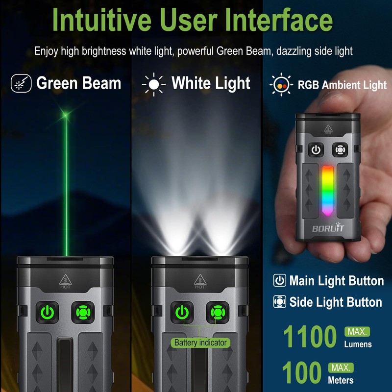 BORUIT EV20L LED Rechargeable Small EDC Flashlight with Green Beam,Pocket
