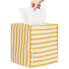 Tissue Box Cover, Fabric Tissue Box Holder Square, Stylish Toilet Paper Storage, Modern Bathroom Counter Organizer Decorations Accessories,Ticking Stripe 5''x5''x5'' (Ginger Yellow)