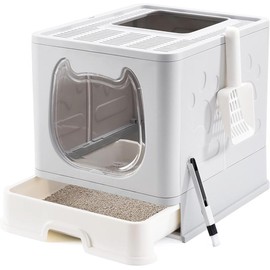 Covered Cat Litter Box with Lid for Small and Medium Cats, Foldable Kitten Litter Pan for Growing Cats, Drawer Type Anti-Splashing Kitty Toilet - Color: White
