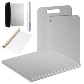 Patelai 6 Pcs Stainless Steel Cutting Board Set Steel Chopping Boards for Kitchen, Double Sided Board with Lip, Rolling Pin and Anti Slip Mesh for Countertop Meat Fruits Vegetables Bread Noodle Pizza