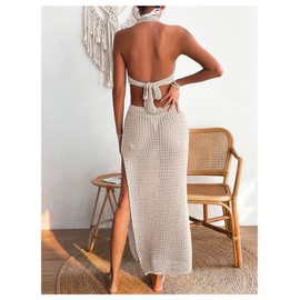 GORGLITTER Women's Crochet Dress Halter Backless Split Thigh Knit Swimsuit Coverup Dress Beige Large