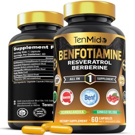 Benfotiamine, Resveratrol, Berberine Supplements - 6in1 with Ashwagandha, Ginkgo Biloba and Black Pepper - High Absorption - 60 Vegan & Non-GMO Capsules
