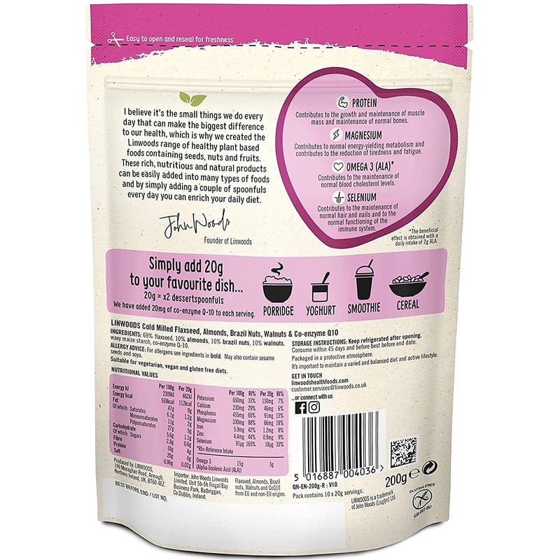 Linwoods Milled Flaxseed Almonds Brazil Nuts Walnuts and Co-Enzyme 200