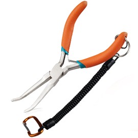 LEONTOOL Small Curved Long Nose Pliers for Jewellery Making, Angled Long Nose Pliers with Serrated Jaw, Needle Remover Pliers with Lanyard, Curved Handle, Works in Tight Spaces, Yellow Green