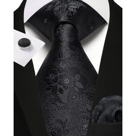 Enlision Black Ties for Men Floral Tie and Pocket Square Formal Tie Cufflinks Set for Business Wedding