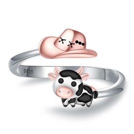 Senpotly 925 Sterling Silver Cow Western Hat Ring for Women Adjustable Dainty Cow Ring for Daughter Adorable Cattle Ring Birthday Chiristmas Jewelry Gift for Granddaughter, Sterling Silver, No