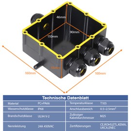LeMotech Junction Box Waterproof IP68, 4-Way Cable Connector with M20 Thread, Diameter 4 mm - 14 mm Cable Diameter, Distribution Box for Outdoor, Garden, Floor, Black Outdoor (Pack of 1)