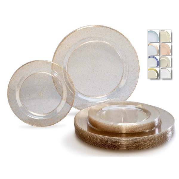 " OCCASIONS" 120 Plates Pack,(60 Guests) Heavyweight Premium Wedding Party Disposable Plastic Plates Set -60x10.5'' Dinner + 60x7.5'' Salad/Dessert (Seasons Clear/Gold Glitter)