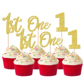 24 piezas de adornos para magdalenas de primer cumpleaños con purpurina para el primer cumpleaños, uno para cupcakes, número 1, decoración de tartas para baby shower, niños, primer cumpleaños, aniversario, fiesta, decoración de pasteles, suministros de c