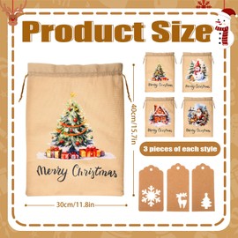 Wesnoy 12 Pcs Large Burlap Christmas Drawstring Gift Bag with Tags, Vintage