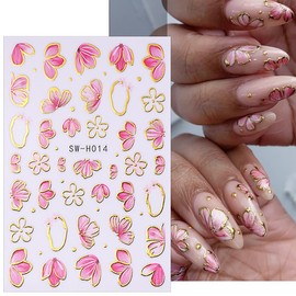 4 Sheets Pink Flower Nail Stickers, Gold Stamping Floral Nail Art Decals, 3D Self-Adhesive Nail Design Stickers for Women DIY Spring Season Purple Pink Flower Manicure Decoration Supplies